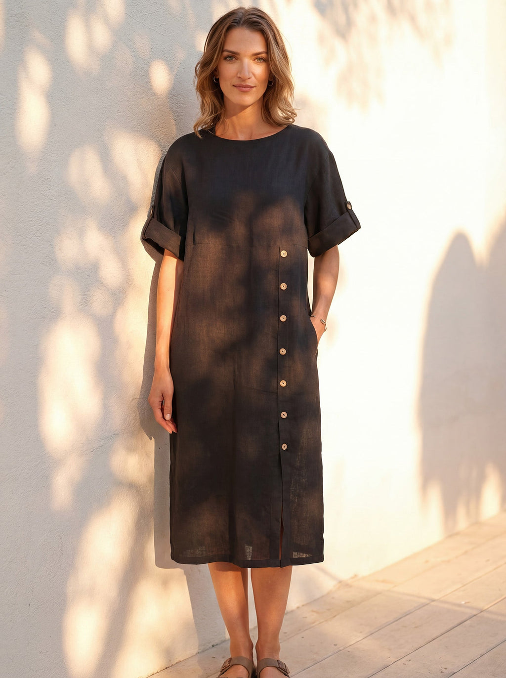 100% Linen Round Neck Button Detail Midi Dress JELENA Charcoal Black