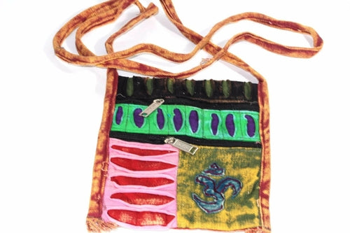 Om Embroidered Patchwork Boho Crossbody Jhola Handmade Bag Green Patchwork Cotton