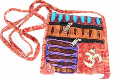 Om Embroidered Patchwork Boho Crossbody Jhola Handmade Bag Red Patchwork Cotton