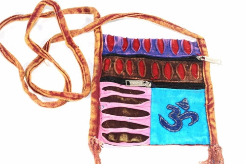 Om Embroidered Patchwork Boho Crossbody Jhola Handmade Bag Cyan Patchwork Cotton