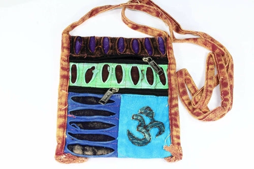 Om Embroidered Patchwork Boho Crossbody Jhola Handmade Bag Blue Patchwork Cotton