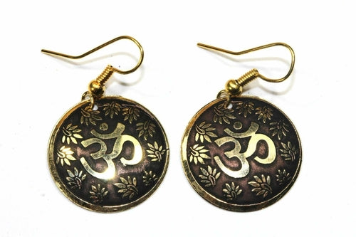 Om Lotus Petal Yoga Earrings Boho Spiritual Gold Dangle Brown