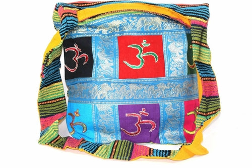 Om Patchwork Jacquard Elephant Sling Jhola Shoulder Bag Brown Red Blue Patchwork Cotton Jacquard