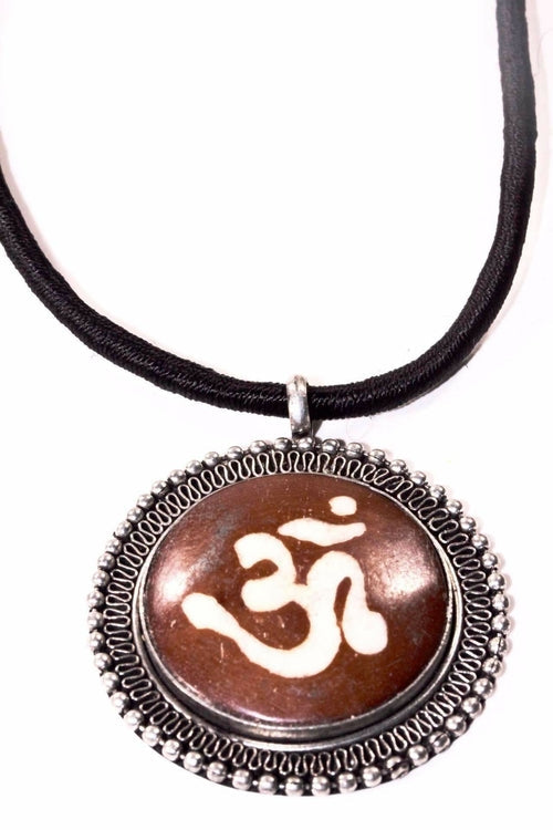 Om Pendant Necklace Spiritual Yoga Meditation Silver Brown