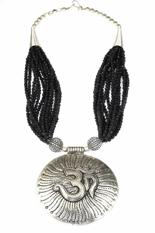 Om Pendant Statement Necklace Silver Beaded Boho Yoga 23 Silver Black Male Female