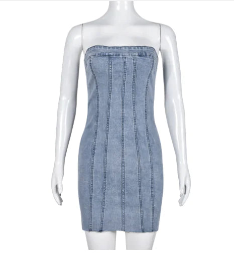 "Sexy Backless Strapless Denim Dress" Light blue XS