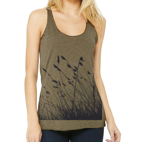 Womens Nature Print Racerback Tank Top Heathered Scoop Neck olive green